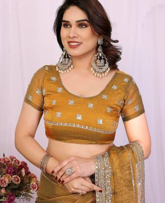 Gold chiffon sequence work saree with matching blouse piece 5