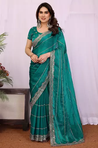 Teal chiffon sequence work saree with matching blouse piece