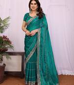 Teal chiffon sequence work saree with matching blouse piece