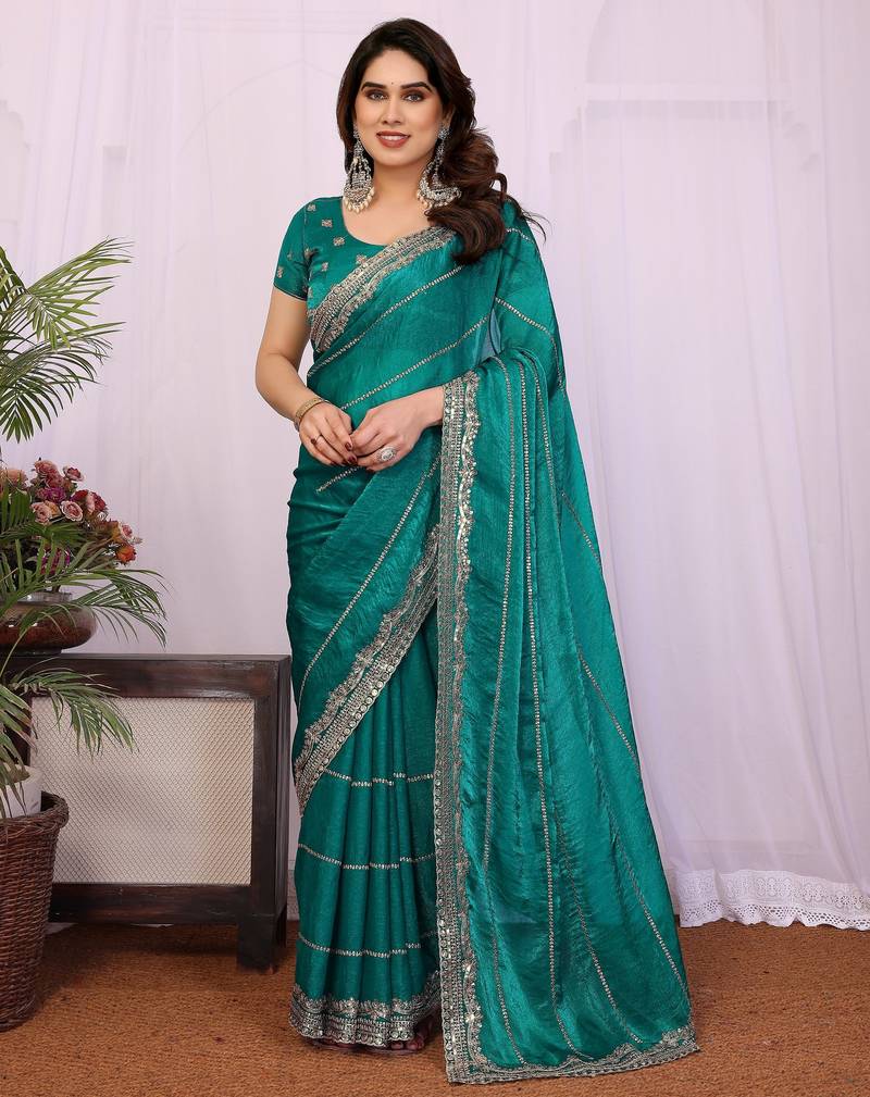 Teal chiffon sequence work saree with matching blouse piece