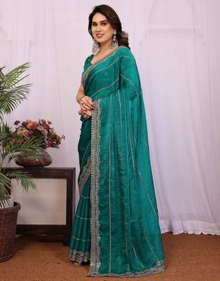 Teal chiffon sequence work saree with matching blouse piece 3