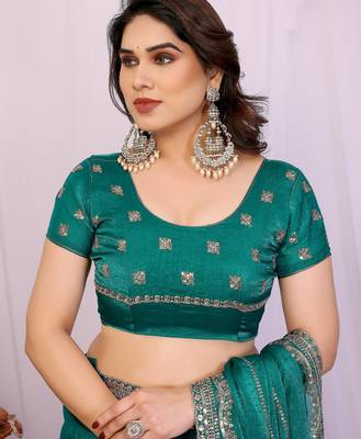 Teal chiffon sequence work saree with matching blouse piece 5