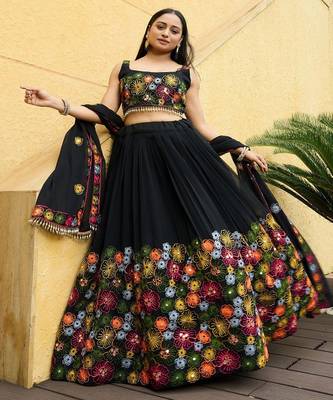Embroidered Thread Work Semi Stitched Lehenga & Unstitched Blouse With Dupatta 1