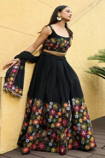 Embroidered Thread Work Semi Stitched Lehenga & Unstitched Blouse With Dupatta