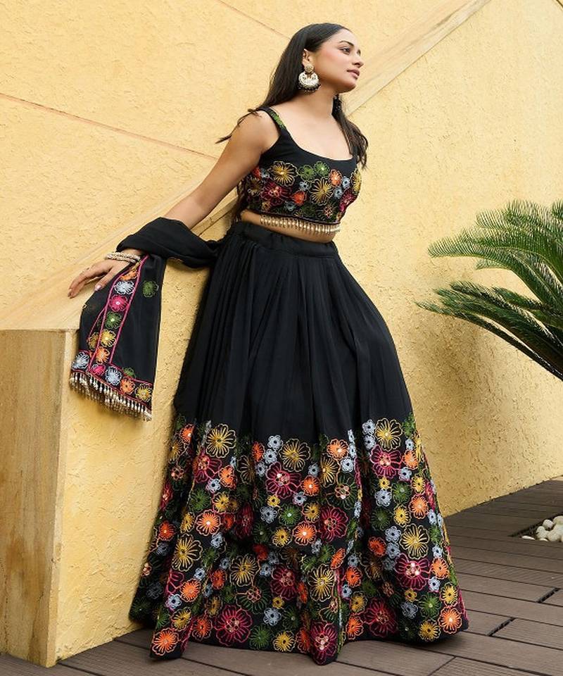 Embroidered Thread Work Semi Stitched Lehenga & Unstitched Blouse With Dupatta