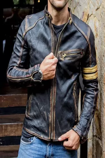 Mens genuine vintage black stylish pure lambskin leather biker jacket caramel strip