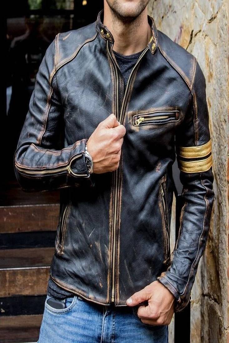 Mens genuine vintage black stylish pure lambskin leather biker jacket caramel strip