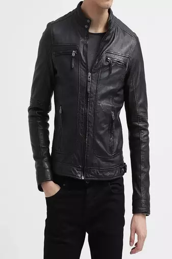 Mens genuine classic black stylish zip pure lambskin leather biker jacket