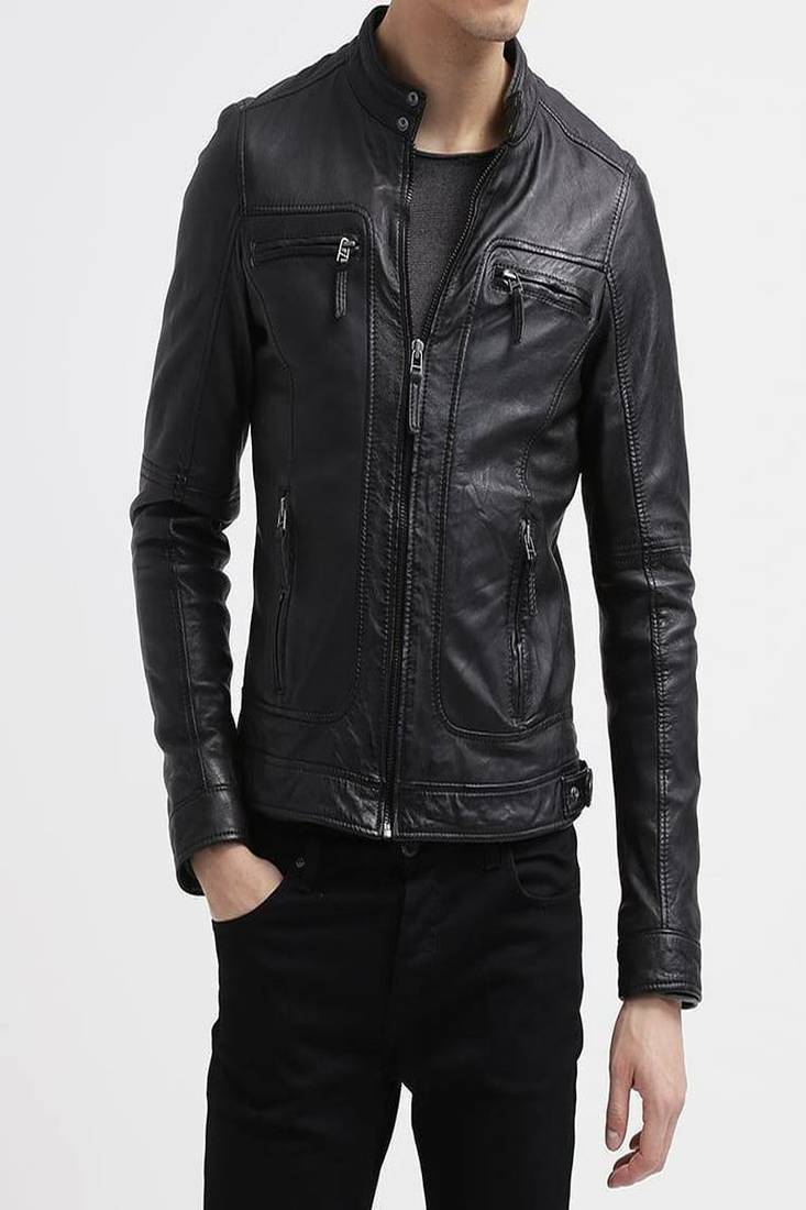 Mens genuine classic black stylish zip pure lambskin leather biker jacket