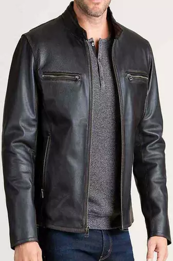 Mens genuine classic black stylish zip 2 pocket pure lambskin leather biker jacket