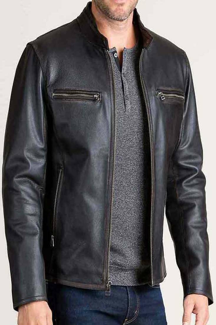 Mens genuine classic black stylish zip 2 pocket pure lambskin leather biker jacket