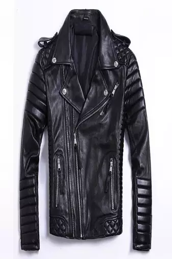 Mens genuine classic black stylish zip quilted pure lambskin leather biker jacket