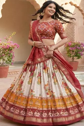 Printed Foil Print Ready to Wear Lehenga & Unstitched Blouse With Dupatta
