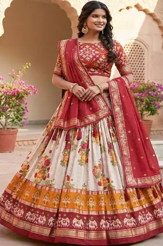 Printed Foil Print Ready to Wear Lehenga & Unstitched Blouse With Dupatta