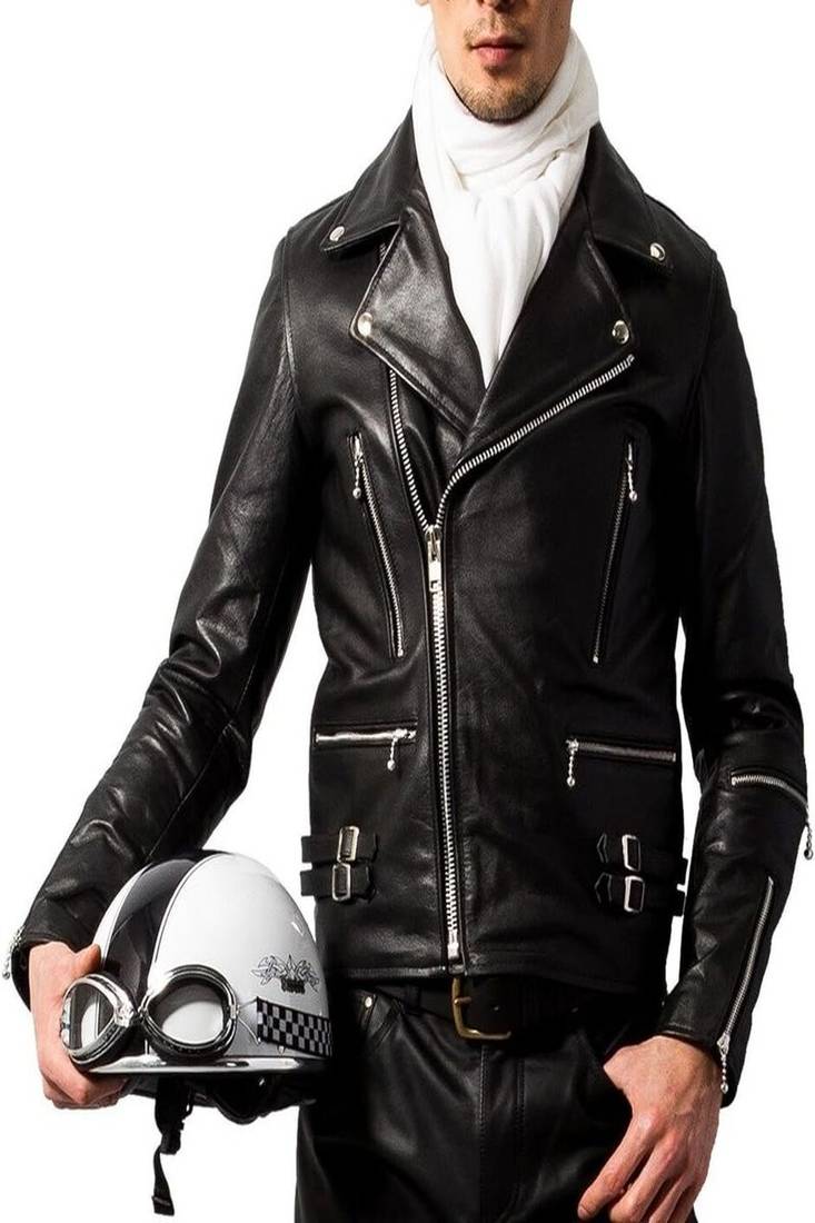 Mens genuine classic black stylish zip moto jacket pure lambskin leather biker jacket