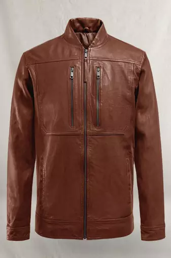 Mens genuine classic tan brown stylish zip moto pure lambskin leather thunderstorm biker
