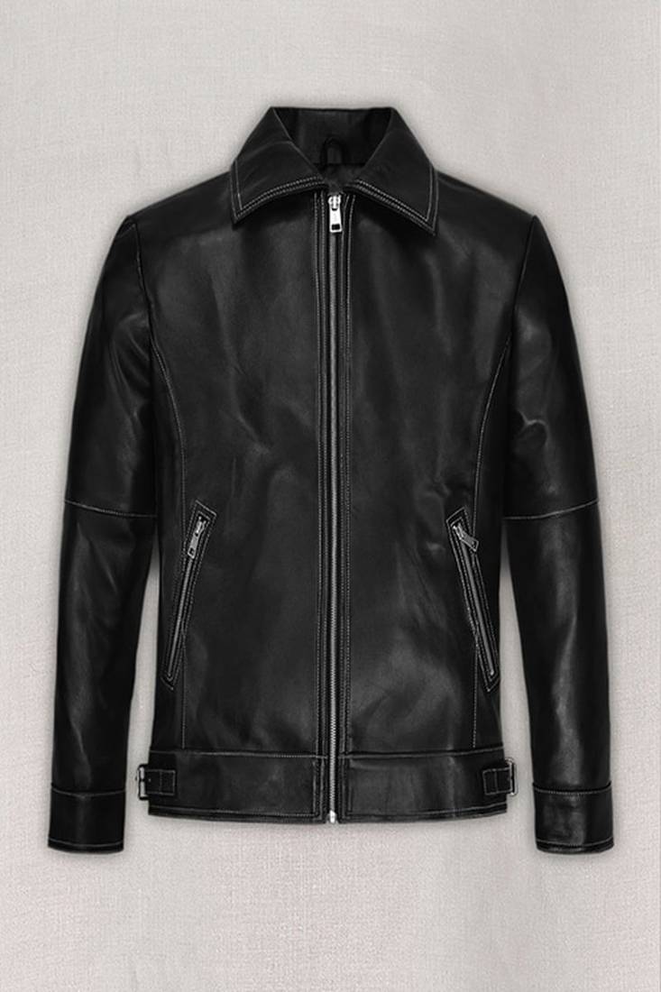 Mens genuine classic black stylish zipper moto jacket pure lambskin leather