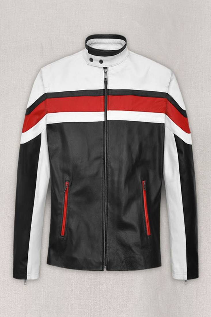Mens genuine classic black white striped rocker leather jacket look moto jacket pure lambskin leather