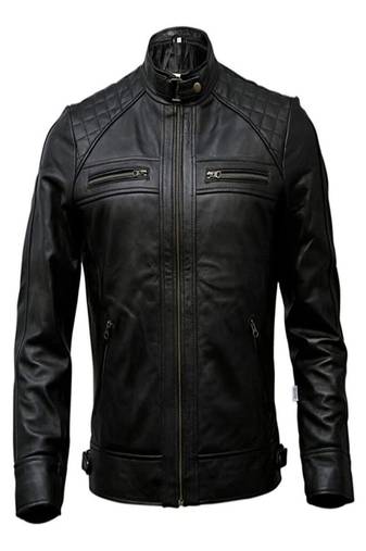 Mens genuine classic black quilted stylish zipper moto jacket pure lambskin leather