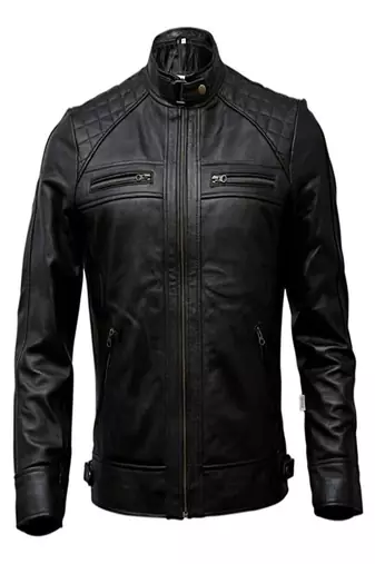 Mens genuine classic black quilted stylish zipper moto jacket pure lambskin leather