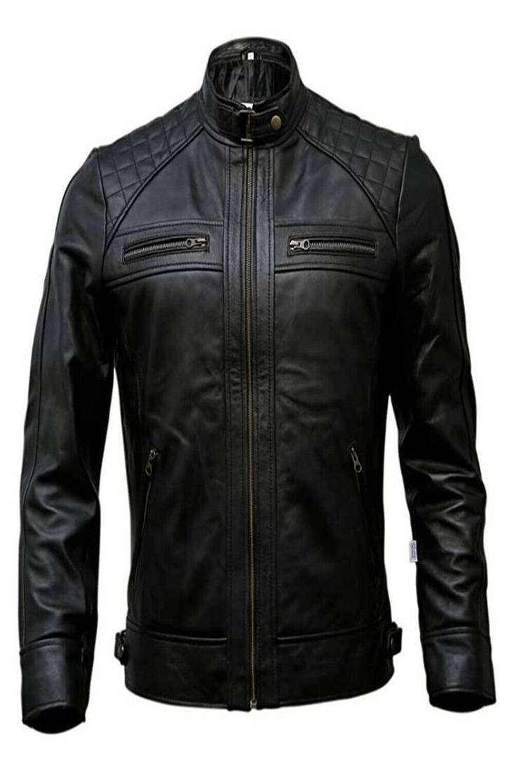 Mens genuine classic black quilted stylish zipper moto jacket pure lambskin leather