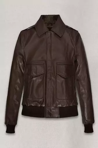 Mens genuine classic brown stylish bomber moto pure lambskin leather wait rib arm cuff