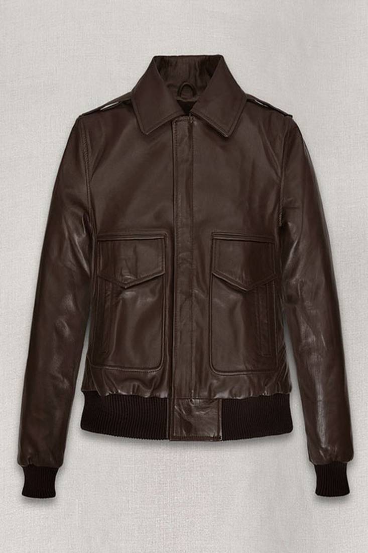 Mens genuine classic brown stylish bomber moto pure lambskin leather wait rib arm cuff