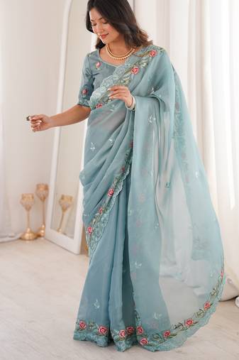 Sky Blue Color Thread Embroidery work With Sequence work Silk Saree