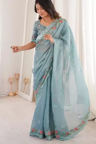 Sky Blue Color Thread Embroidery work With Sequence work Silk Saree