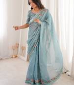 Sky Blue Color Thread Embroidery work With Sequence work Silk Saree