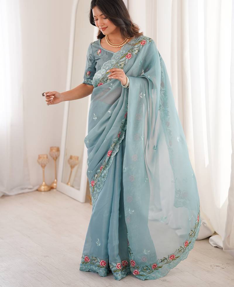 Sky Blue Color Thread Embroidery work With Sequence work Silk Saree