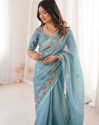Sky Blue Color Thread Embroidery work With Sequence work art silk saree 2