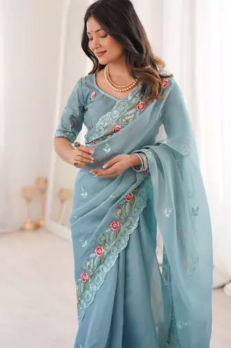 Sky Blue Color Thread Embroidery work With Sequence work art silk saree