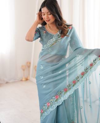 Sky Blue Color Thread Embroidery work With Sequence work art silk saree 3