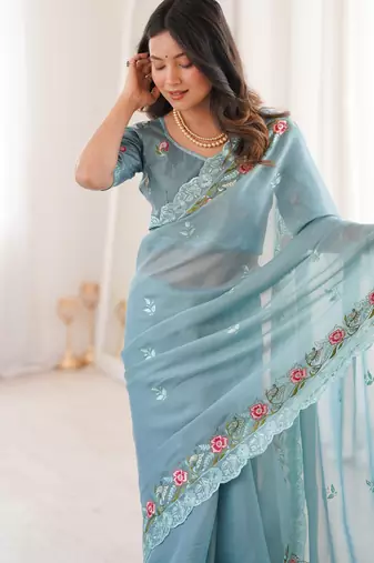 Sky Blue Color Thread Embroidery work With Sequence work art silk saree