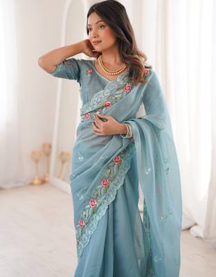 Sky Blue Color Thread Embroidery work With Sequence work art silk saree 4