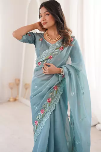Sky Blue Color Thread Embroidery work With Sequence work art silk saree