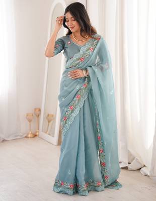 Sky Blue Color Thread Embroidery work With Sequence work art silk saree 5