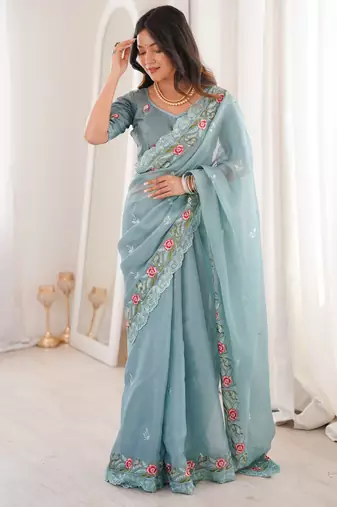 Sky Blue Color Thread Embroidery work With Sequence work art silk saree