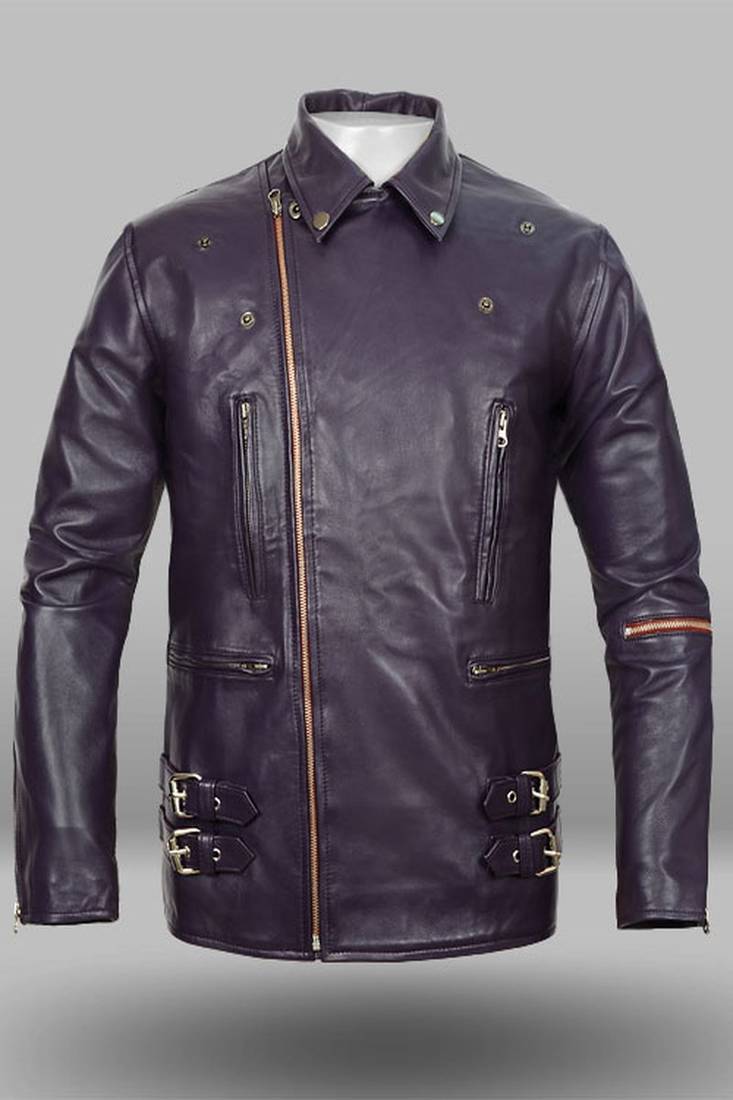 Mens genuine soft  thunderstorm purple color genuine lambskin leather jacket chain style