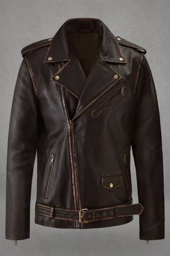 Mens genuine soft brown enforcer rubbed biker leather jacket pure lambskin