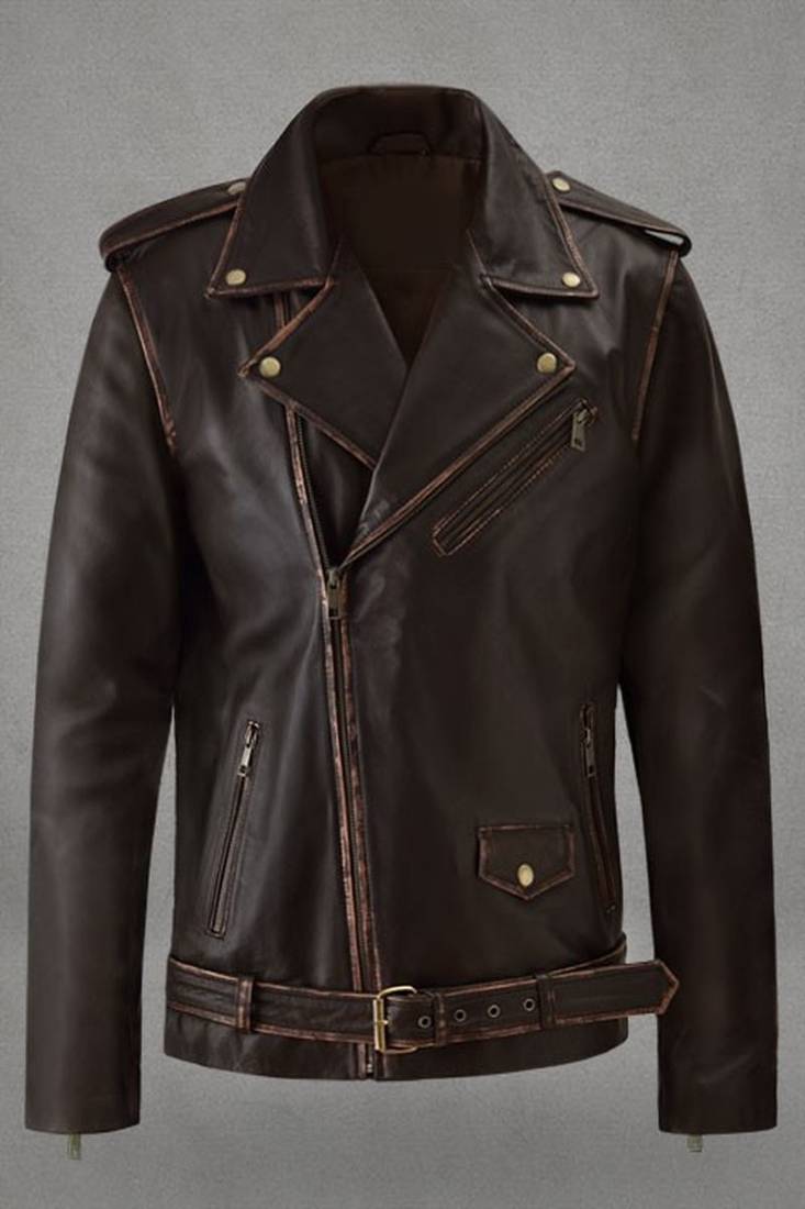 Mens genuine soft brown enforcer rubbed biker leather jacket pure lambskin