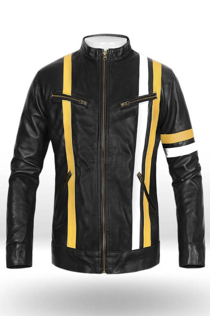 Mens genuine pure lambskin black café racer white yellow strip leather jacket biker leather jacket