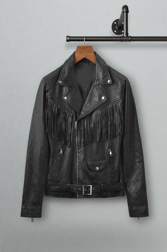 men's black premium lambskin leather jacket fringed western design