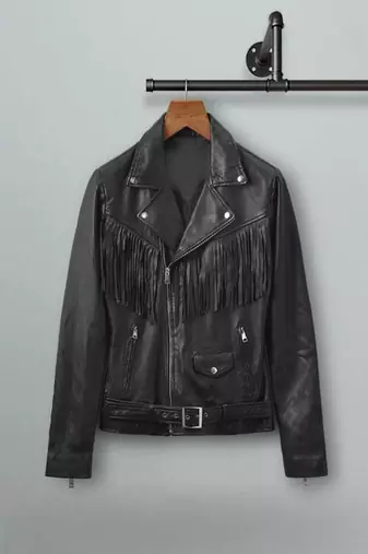 Mens genuine pure lambskin black fringe leather jacket  cowboy stlye