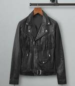 men's black premium lambskin leather jacket fringed western design