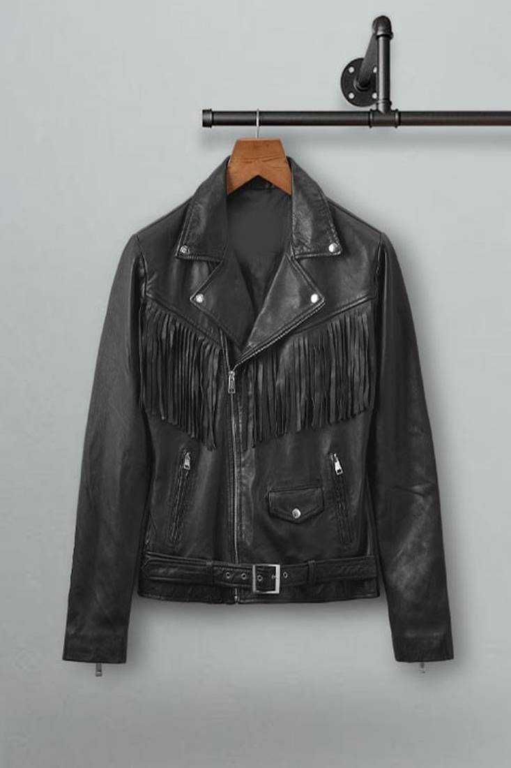 Mens genuine pure lambskin black fringe leather jacket  cowboy stlye