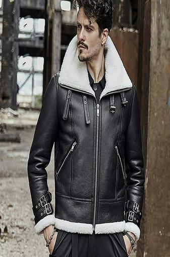men's black lambskin leather jacket luxe fur collar trim