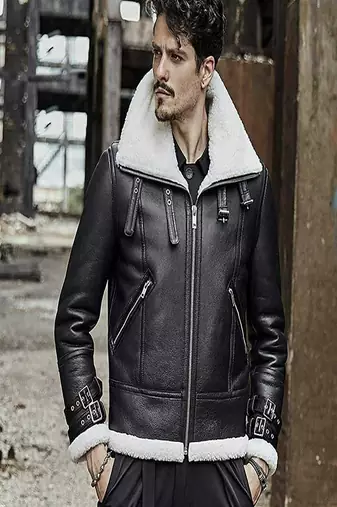 Mens soft genuine pure lambskin black celebrity look fur collar leather jacket
