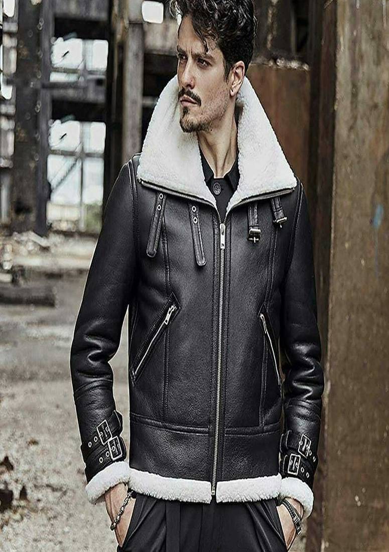 Mens soft genuine pure lambskin black celebrity look fur collar leather jacket